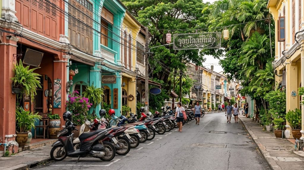 a tree-lined residential street with parked scooters in Phuket Town
