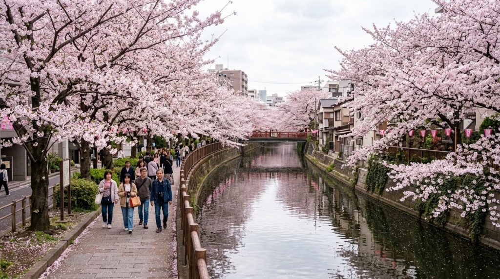 pink cherry blossom trees lining a canal path in Tokyo