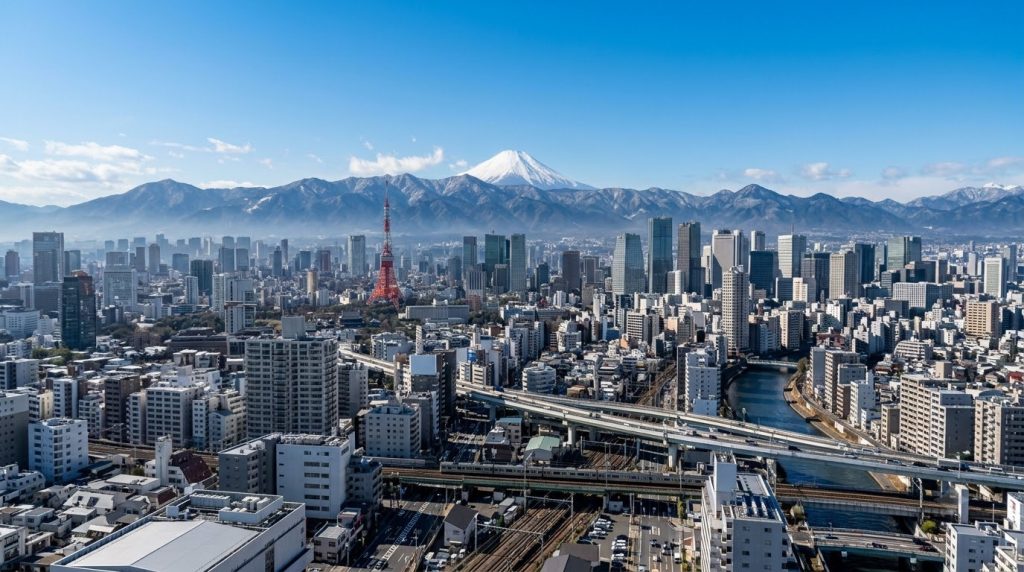 Mount Fuji under clear winter skies beyond the Tokyo skyline