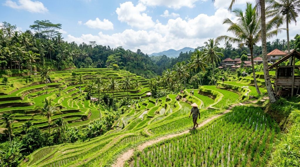 green rice terraces glowing under bright sun near Ubud