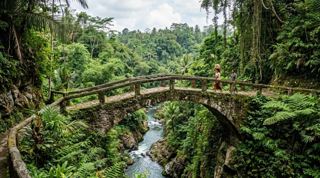 a stone footbridge crossing a jungle river gorge near Ubud