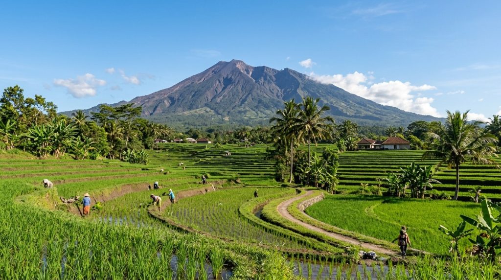 Mount Rinjani volcano rising above rice fields in Lombok