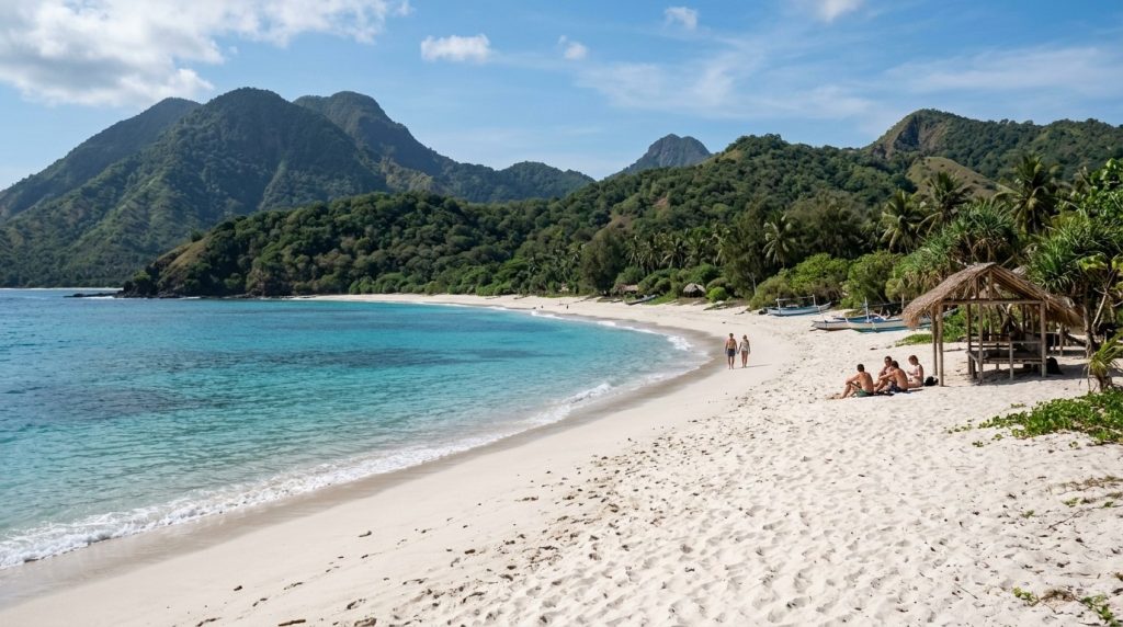 a quiet white sand beach with few visitors on the Lombok coast