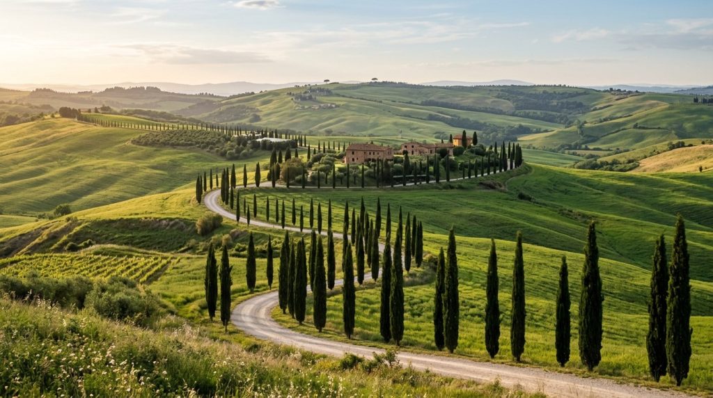 rolling green hills with a cypress-lined road in Tuscany