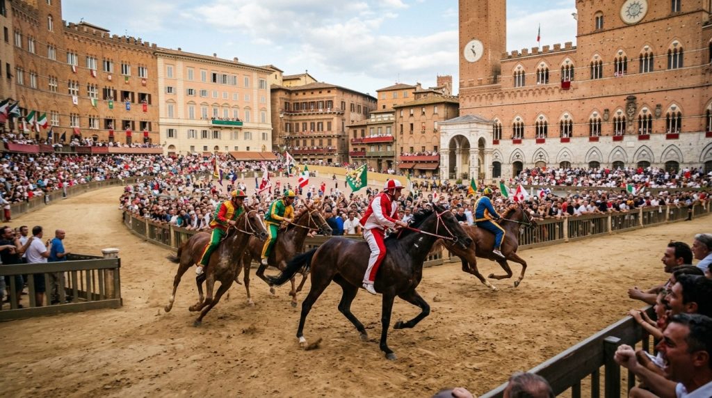 horses racing around the Palio track in Siena's Piazza del Campo