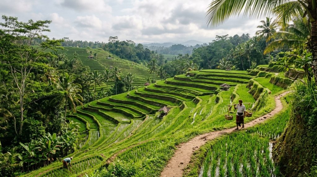 the stepped green rice terraces of Tegallalang near Ubud, Bali