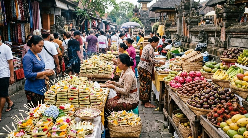 woven offerings and fruit stalls at the morning market in Ubud, Bali