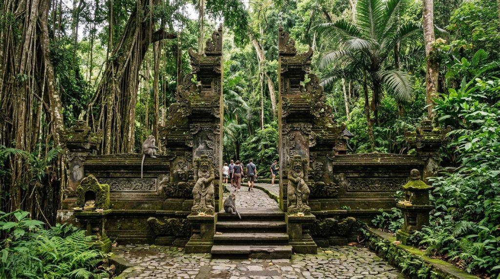 the stone gate of the Sacred Monkey Forest Sanctuary surrounded by jungle