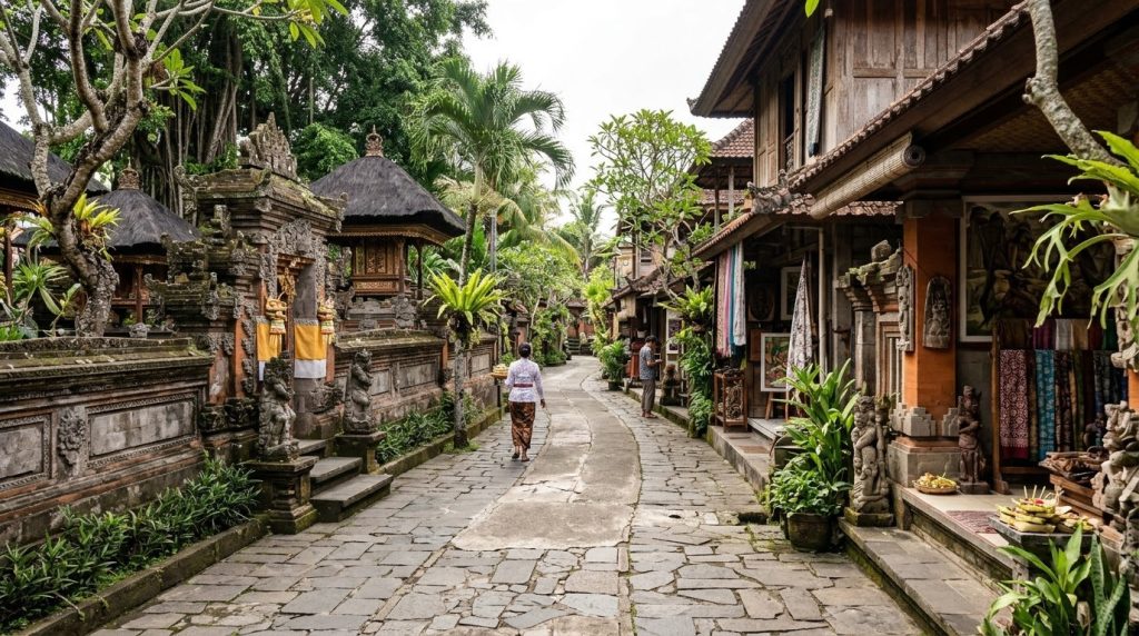 a quiet lane lined with art shops and temples in central Ubud