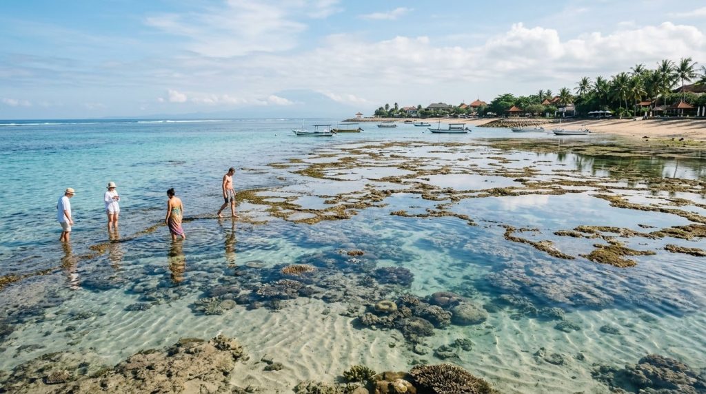 calm shallow reef water along Sanur Beach at low tide