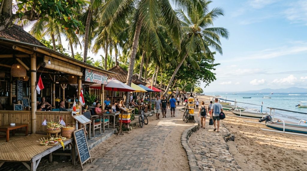 a beachfront path lined with warungs and palm trees in Sanur