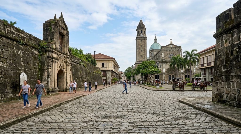 Spanish colonial walls and a cobblestone plaza inside Intramuros, Manila