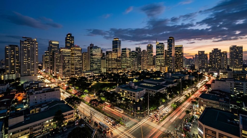 the modern skyline of Makati's business district in Manila at dusk