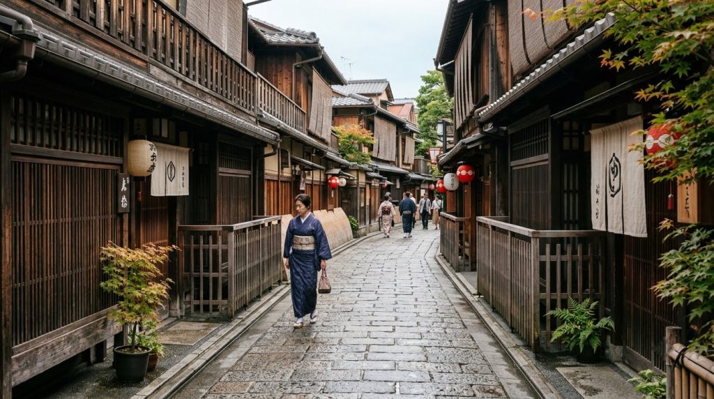 wooden lanes and traditional machiya houses in Kyoto's Gion district