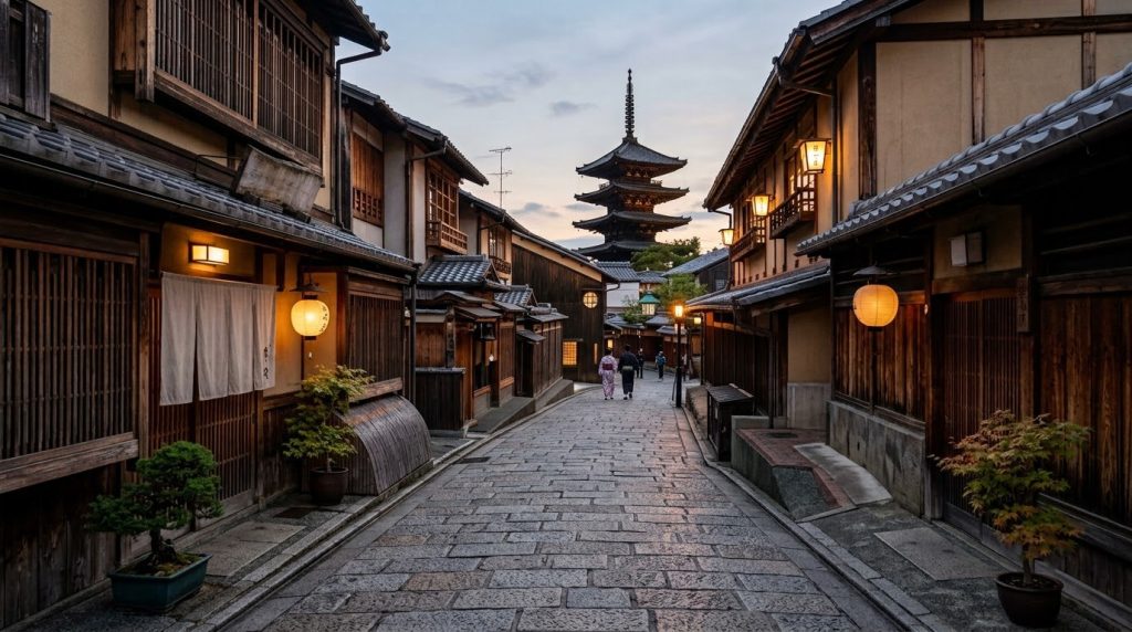 a quiet street lined with traditional inns near Higashiyama, Kyoto