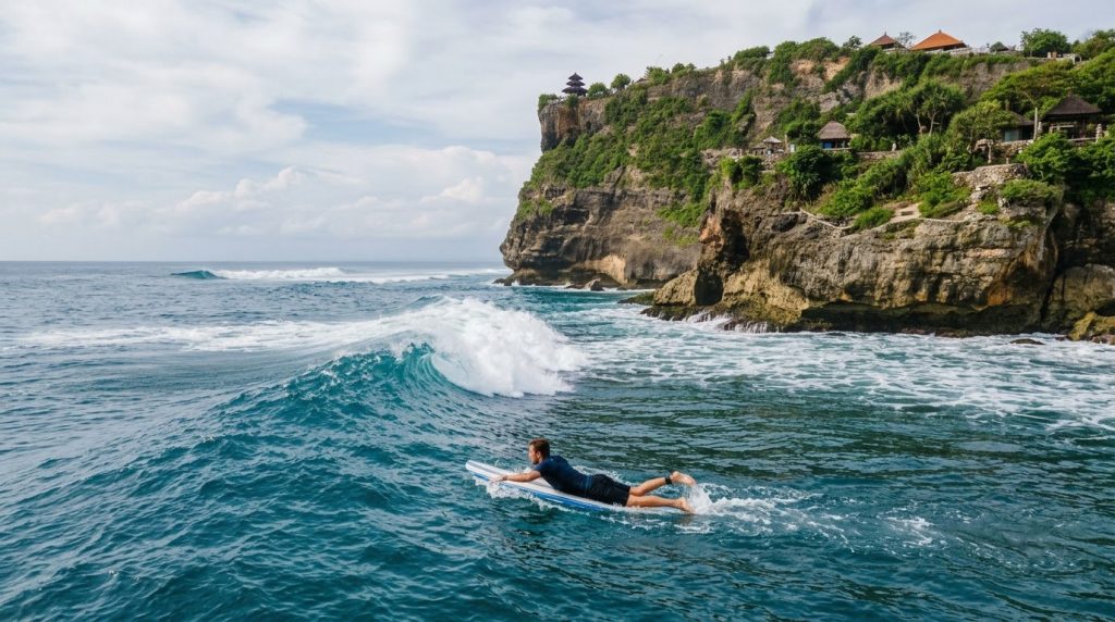 a surfer paddling toward a wave below the clifftop in Uluwatu