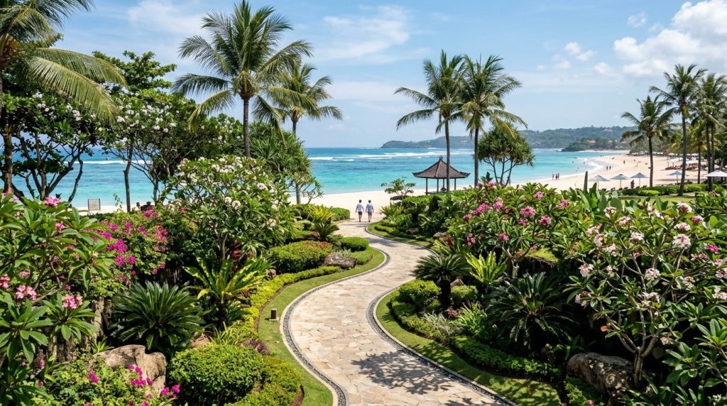 a manicured resort garden path leading to the beach in Nusa Dua