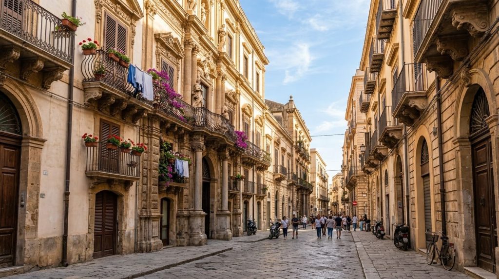 ornate baroque buildings along a sunlit street in Palermo