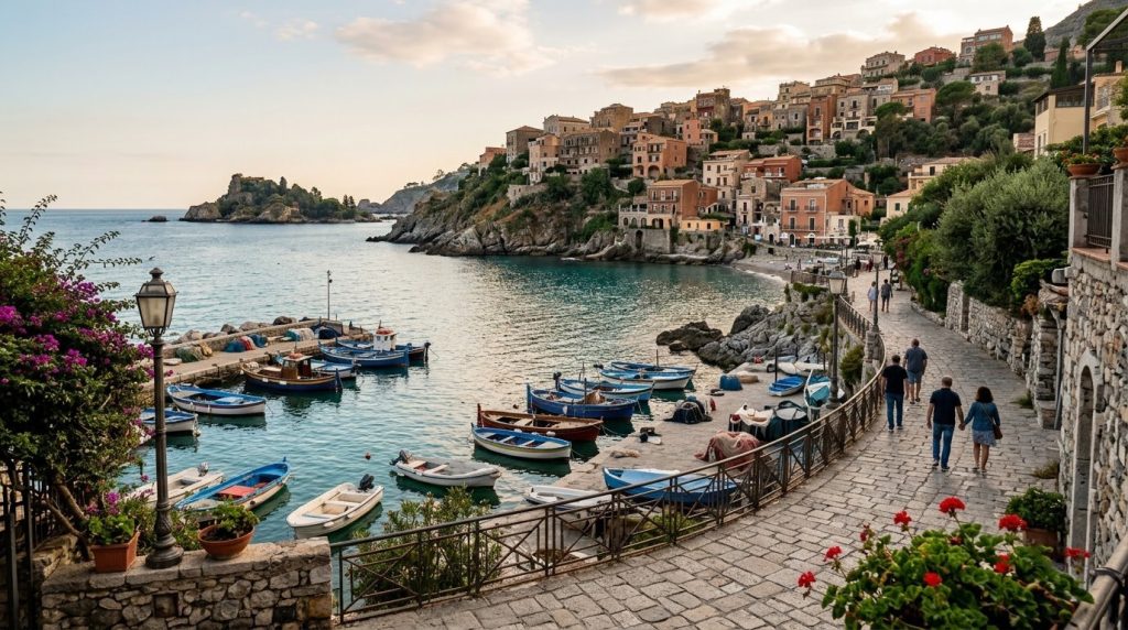 a quiet seaside promenade with fishing boats in Taormina