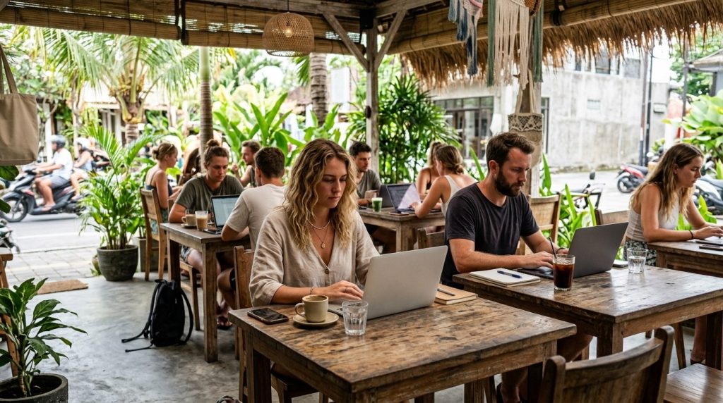 travelers working on laptops at an open air cafe in Canggu, Bali