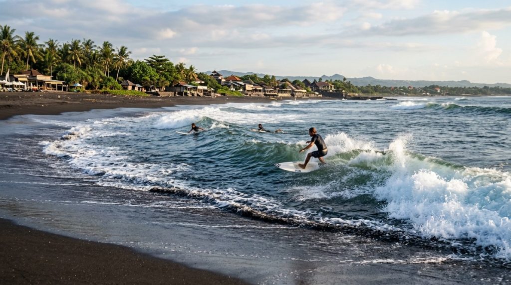 surfers riding waves off the black sand beach at Canggu, Bali