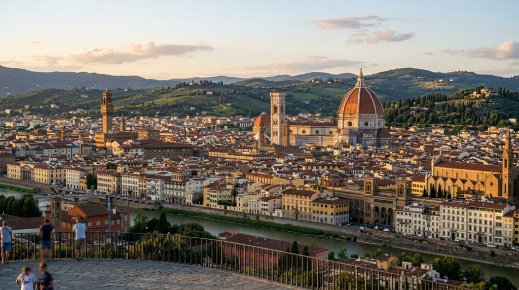 the Duomo's dome rising above Florence's rooftops from Piazzale Michelangelo