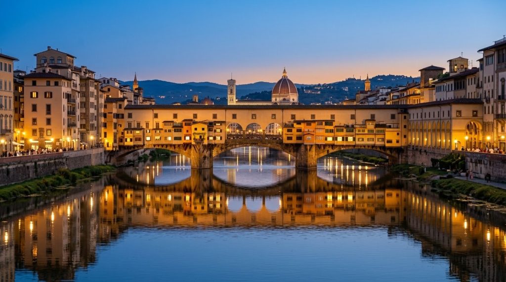 the Ponte Vecchio bridge reflected in the Arno river at dusk