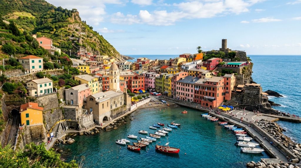 colorful cliffside houses above the harbor in Vernazza