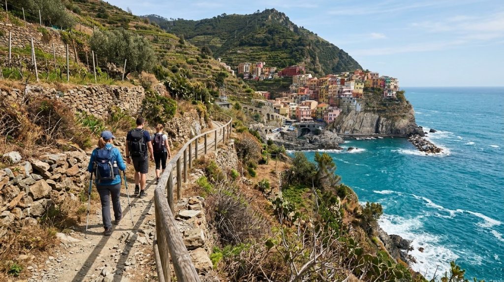 hikers on a coastal trail above the sea near Manarola