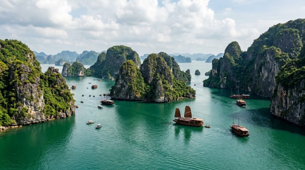 limestone karst islands rising from the water of Halong Bay, Vietnam