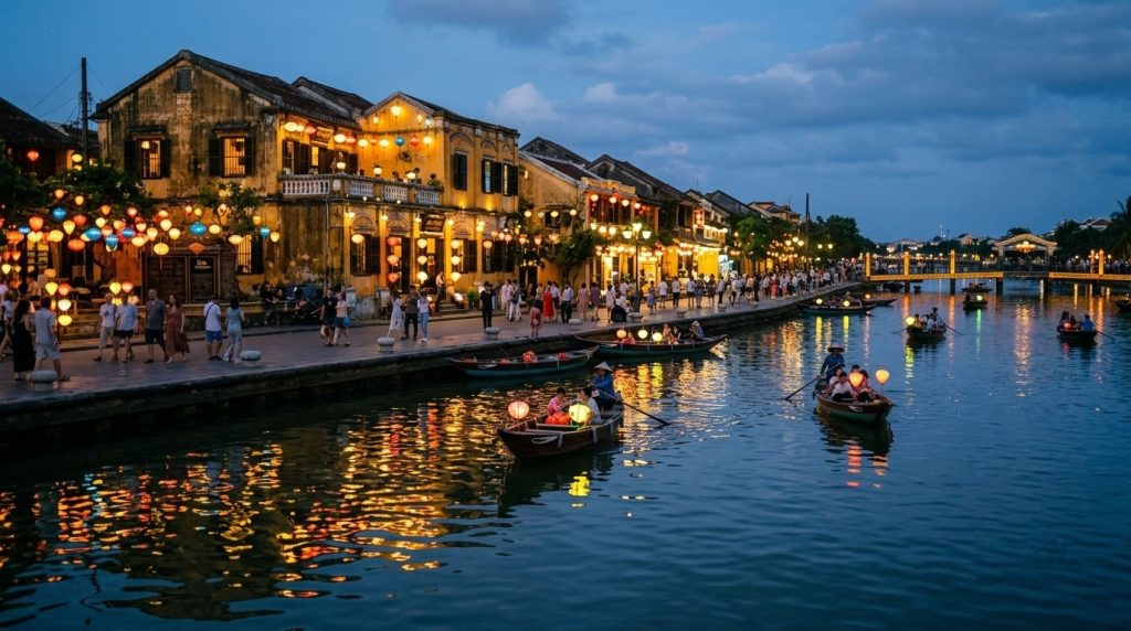 lantern lit shophouses reflected in the Thu Bon River in Hoi An
