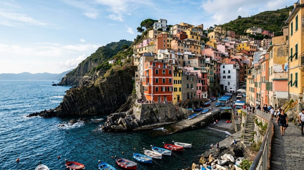 colorful houses of Manarola stacked above the rocky shoreline