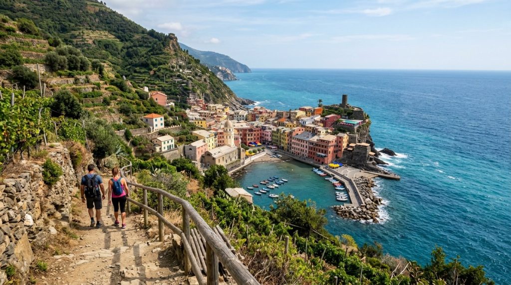 a hillside trail overlooking Vernazza village and the sea