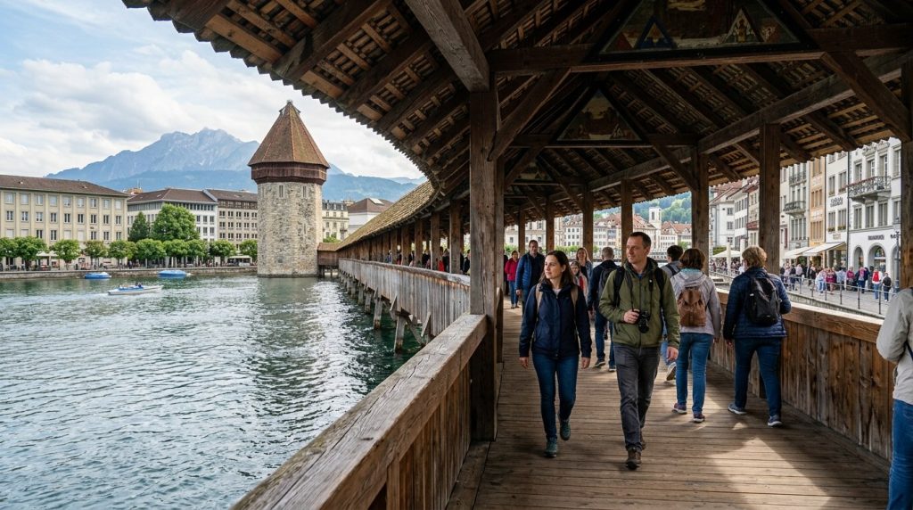 tourists walking across the wooden Chapel Bridge in Lucerne's Old Town