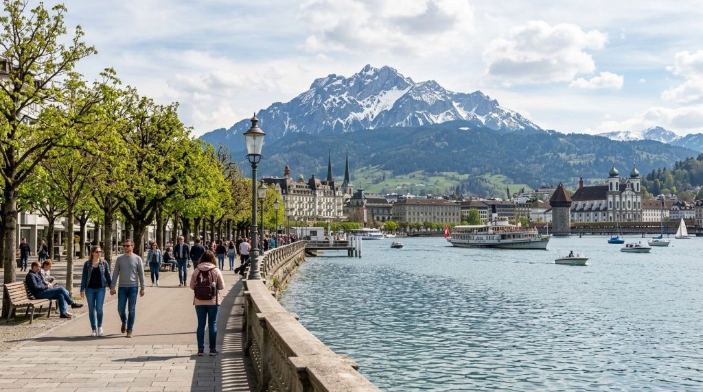 a lakeside promenade in Lucerne with Mount Pilatus in the background
