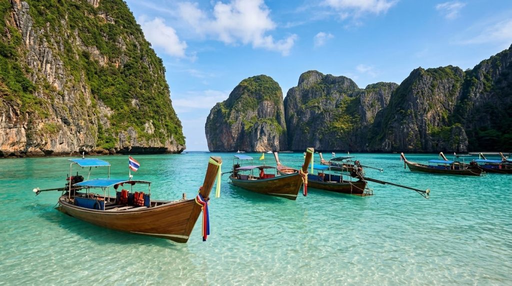 longtail boats anchored in turquoise water near limestone islands in Thailand