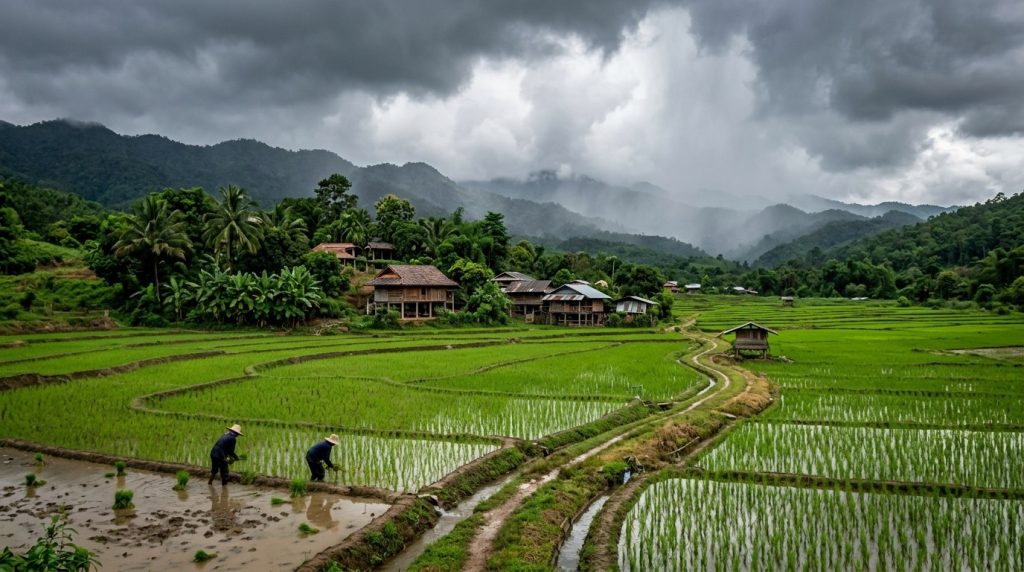 rain clouds over green rice paddies near Chiang Mai