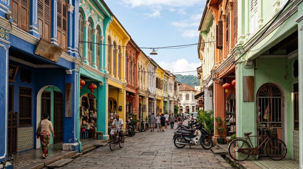 colorful heritage shophouses lining a street in George Town, Penang