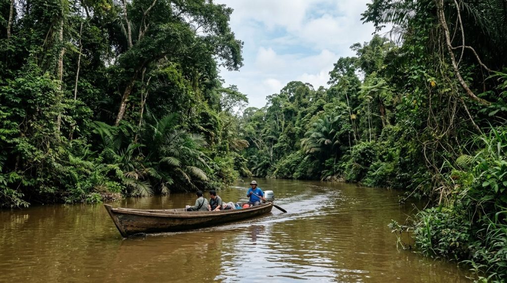 a wooden longboat on a jungle river in Sabah, Borneo