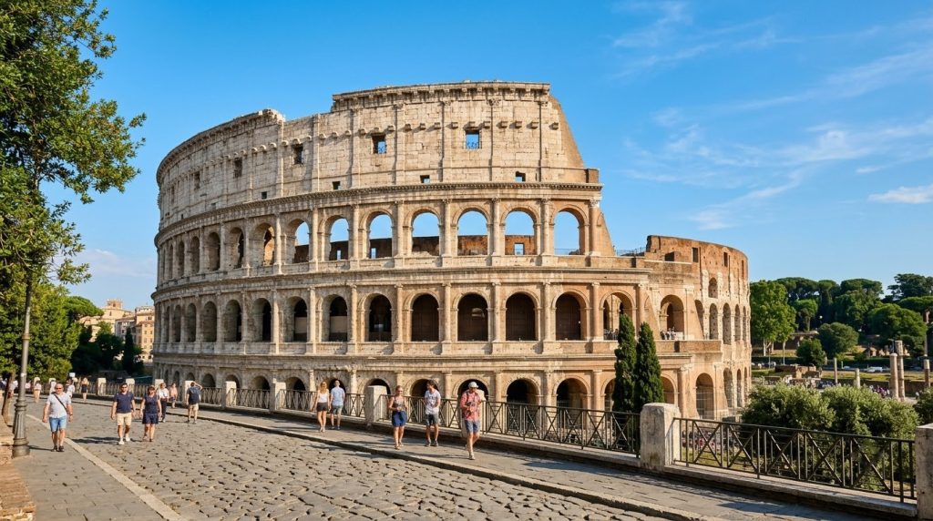 the ancient Colosseum standing under a clear blue sky in Rome