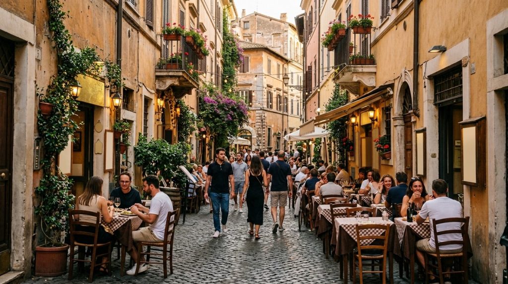 a narrow cobblestone street lined with trattorias in Trastevere, Rome