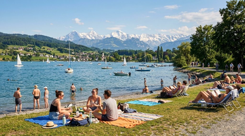 people relaxing by Lake Zurich with the Alps in the distance in summer
