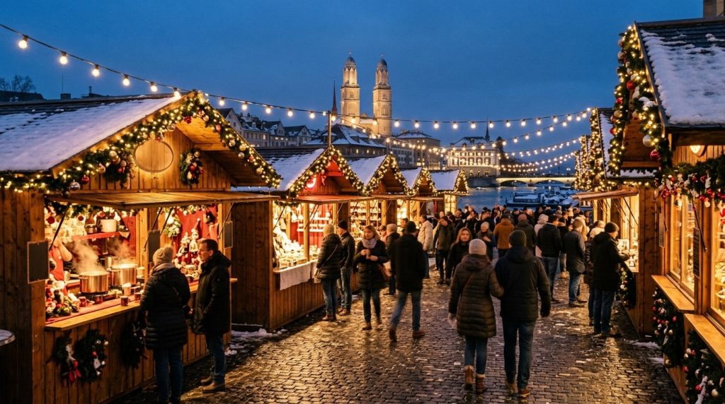 wooden stalls lit with lights at a Christmas market in central Zurich