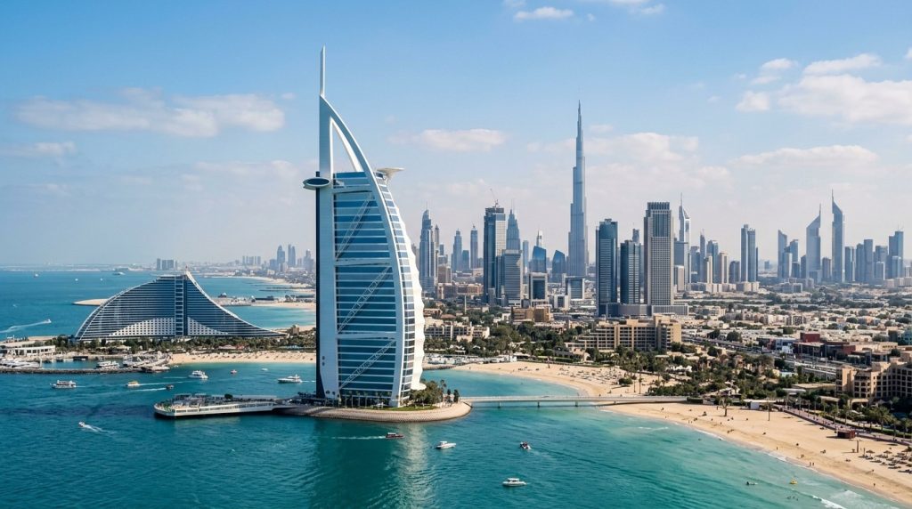 the sail shaped Burj Al Arab hotel against Dubai's coastline