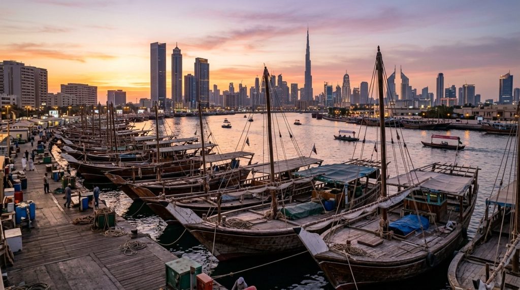 traditional wooden dhow boats docked along Dubai Creek at sunset