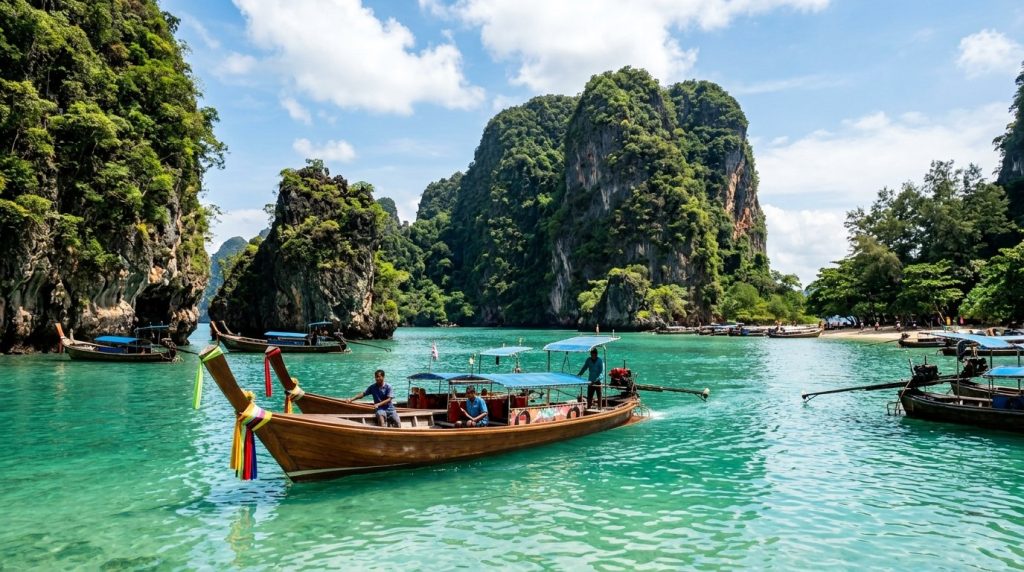 longtail boats near limestone cliffs in a turquoise bay in Thailand