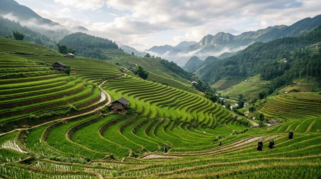 terraced rice fields on a mountainside in Sapa, Vietnam