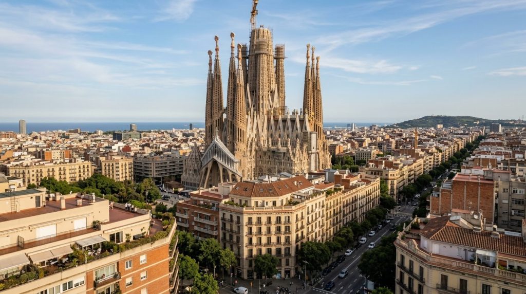 the spired towers of the Sagrada Familia rising over Barcelona