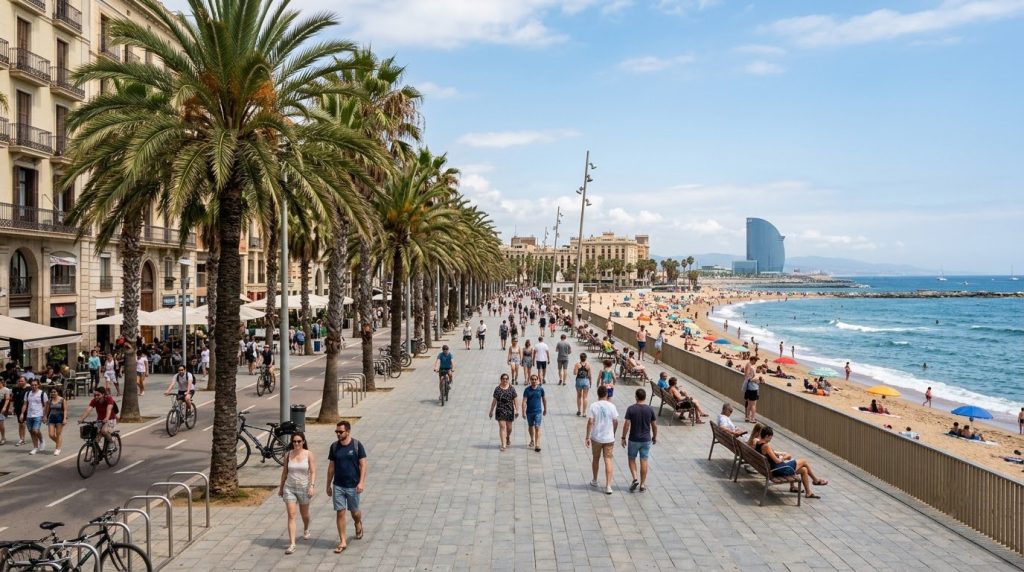 a palm-lined promenade along the sand in Barceloneta, Barcelona