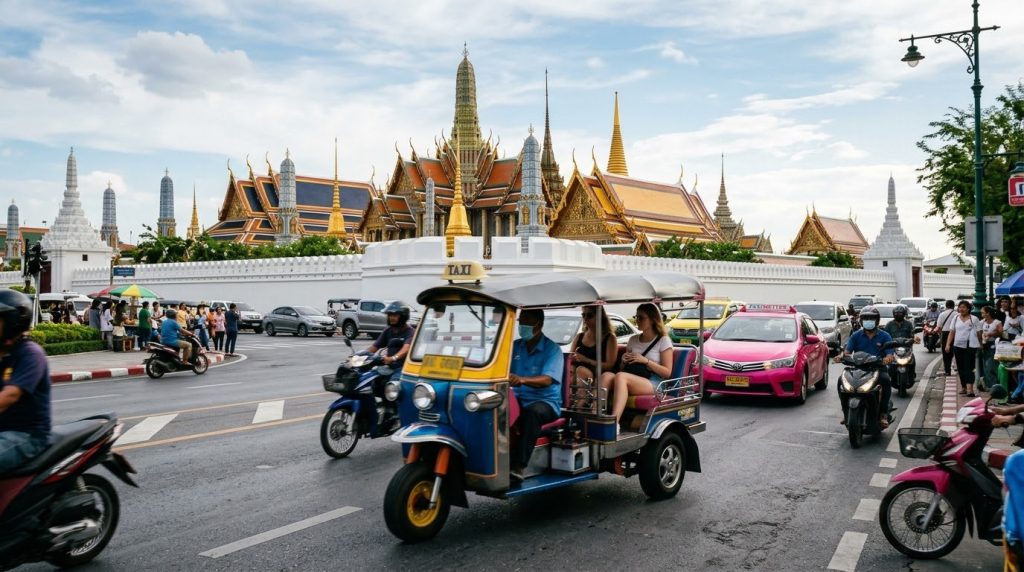 a tuk tuk weaving through traffic near the Grand Palace in Bangkok